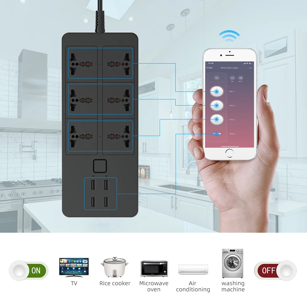 Imagem -02 - Tira de Energia Inteligente Wifi Universal com 5v3.1a Alexa Googlehome Controle Bluetooth Multi Plug 6ac 4usb Voz Contro Reino Unido ue Eua au