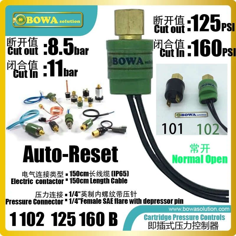 8.5bar cut-off & 11bar cut-on condenser fan switch is used in R134a cooling unit to keep constant condensing pressure & subcool
