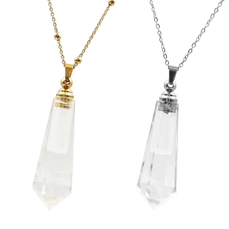 

Natural Clear Quartz Perfume Bottle Necklace, Gold Silver Essential Oil Diffuser Pendant Charm, Healing Crystal Gift for Her