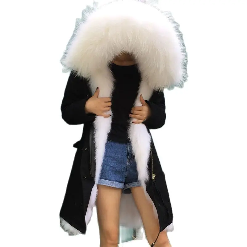 

Long Black High Quality Parka Shell, Pure White Fox Fur Lining Mrs Wear Plus Size Wear Factory Selling