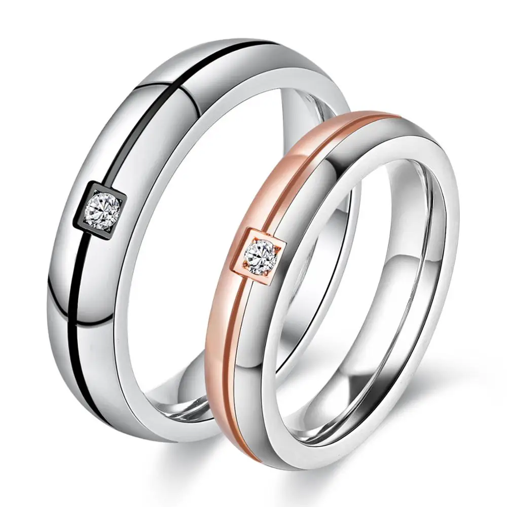 KNOCK  high quality Cubic Zirconia Ring Stainless Steel Shinning Crystal Couple Ring Forever Love For Romantic Wedding Ring
