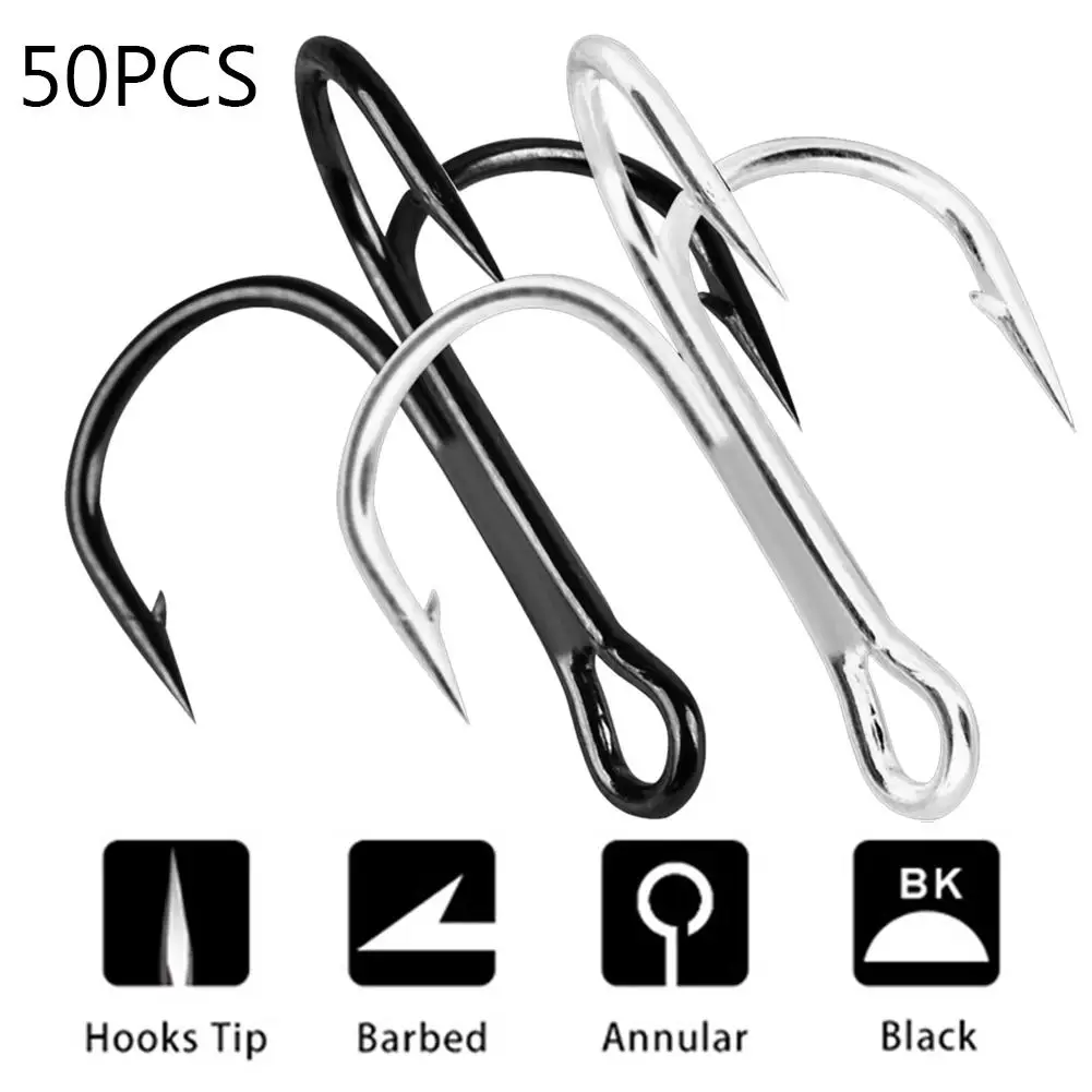 50Pcs Fishing Hook Stainless Steel Treble Overturned Hooks Fishing Tackle Round Bend Treble For Bass Fish Tackle Tools