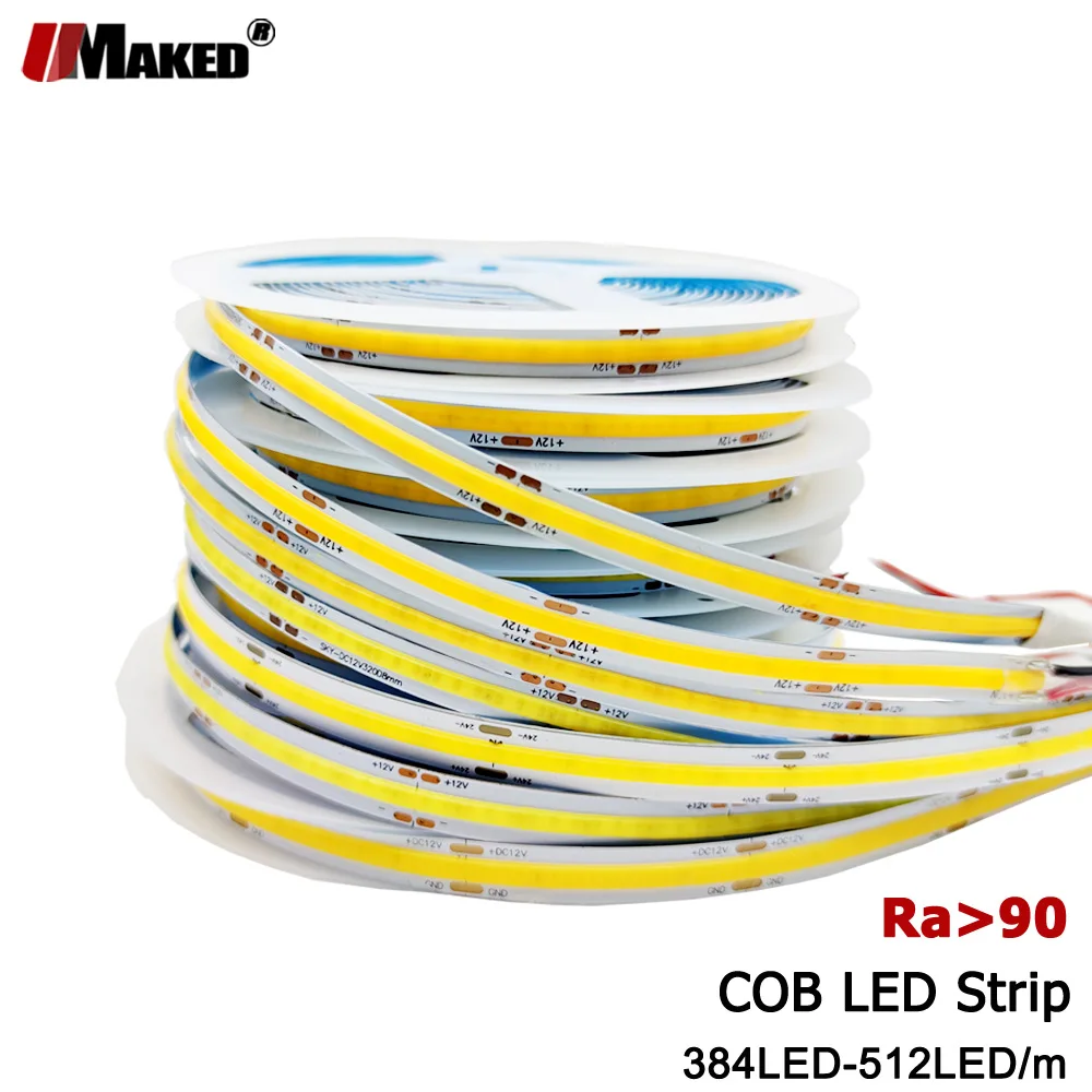 

COB LED Strip 1M 2M 3M 4M 5Meter 384 512LEDs/M High Density Flexible FCOB Lights DC12V 24V RA90 3000K 4000K 6000K Dimmable Tapes