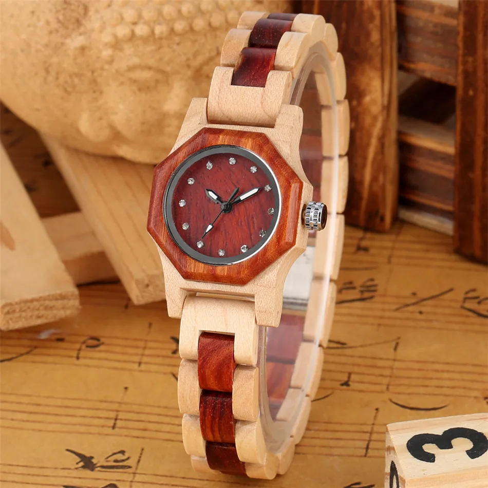 Vogue Rhinestones Display Female Wood Bracelet Wristwatch Quartz Movement Natural Full Wooden Bangle Timepiece Lady Casual Clock