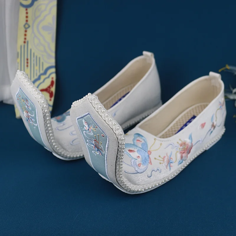 

Hanfu Shoes for Women Princess Cosplay Upturned Toe Increased 4.5cm Bead Embroidery Ancient Zapatos Wedding Bride Shose Cloth