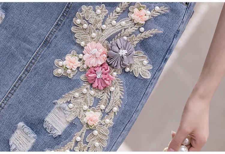 Women Summer 3D Embroidery Flower Set Short Sleeve T Shirt + Denim Skirt 2pcs 2021 New Fashion Women Sets XZ022