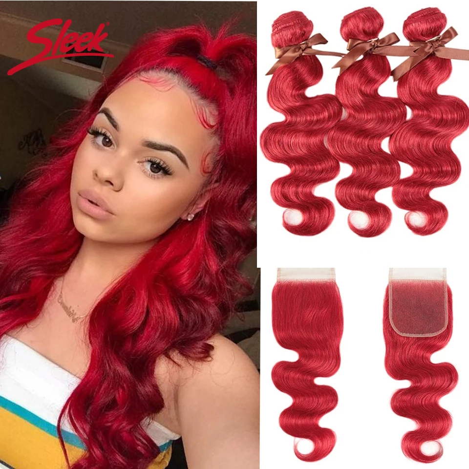 Sleek-extensiones de pelo ondulado brasileño para mujeres negras, mechones de pelo Remy con cierre, Color rojo, Rubio visón