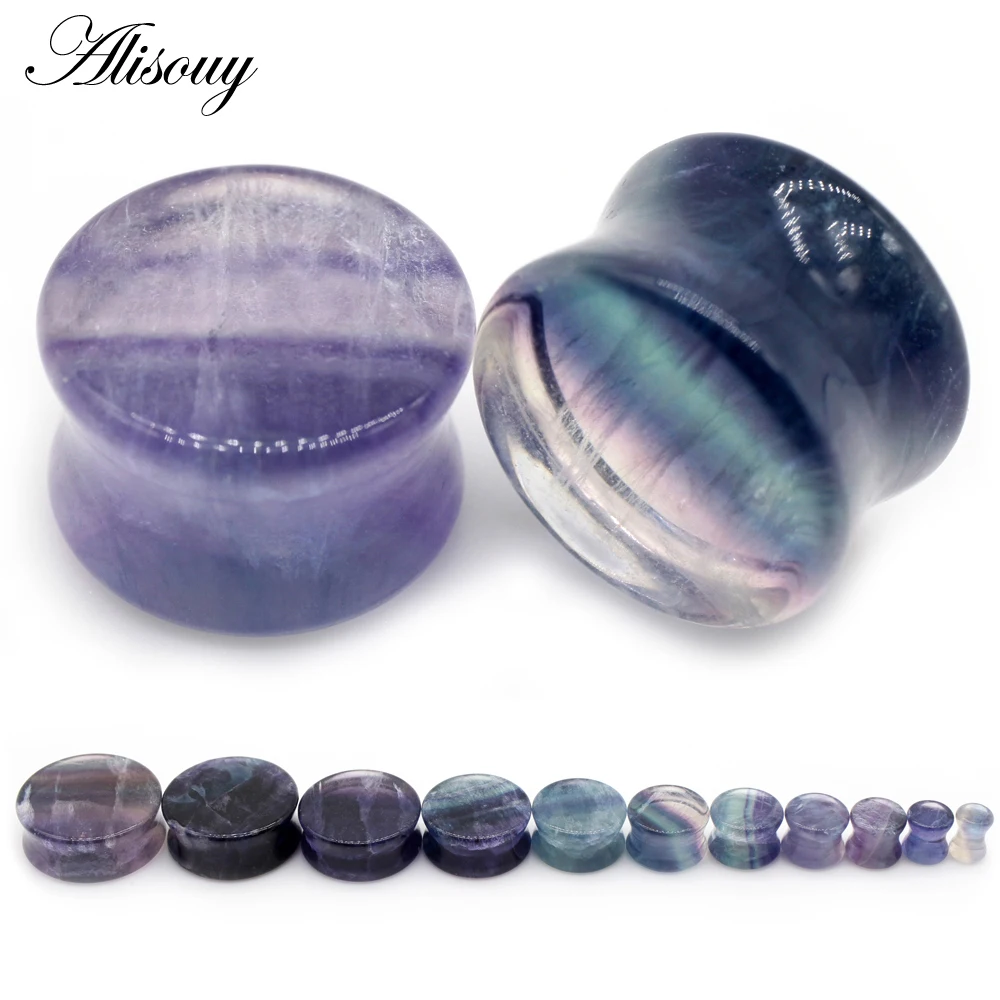 Alisouy 2pcs Multi-color Aurora Fluorite Stone Ear Plugs Tunnel Expander Double Flared Stretcher Gauges Piercing Body Jewelry