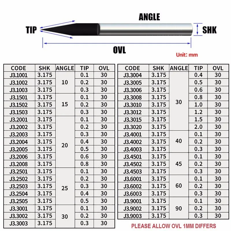10Pcs 3.175mm Tungsten Cutter V Shape Carbide PCB Engraving Bits CNC Router Tool Choose Size J3.3001 Acrylic Carving Frezer