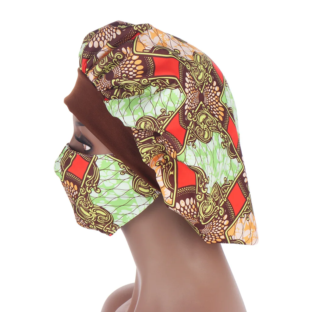 African Pattern Print Satin Bonnet Hijabs Hat Women Night Sleep Cap with Mask Turban Extra Large Head Wear Lady Head Wrap Hat