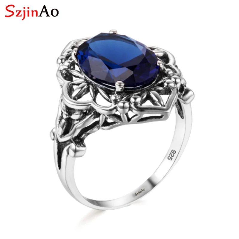 Szjinao Sapphire Rings owalny kwiat elegancki wiktoriański ciemny niebieski kamień szlachetny pierścień 925 Sterling silver Carve Kate Fine Jewelry Wedding