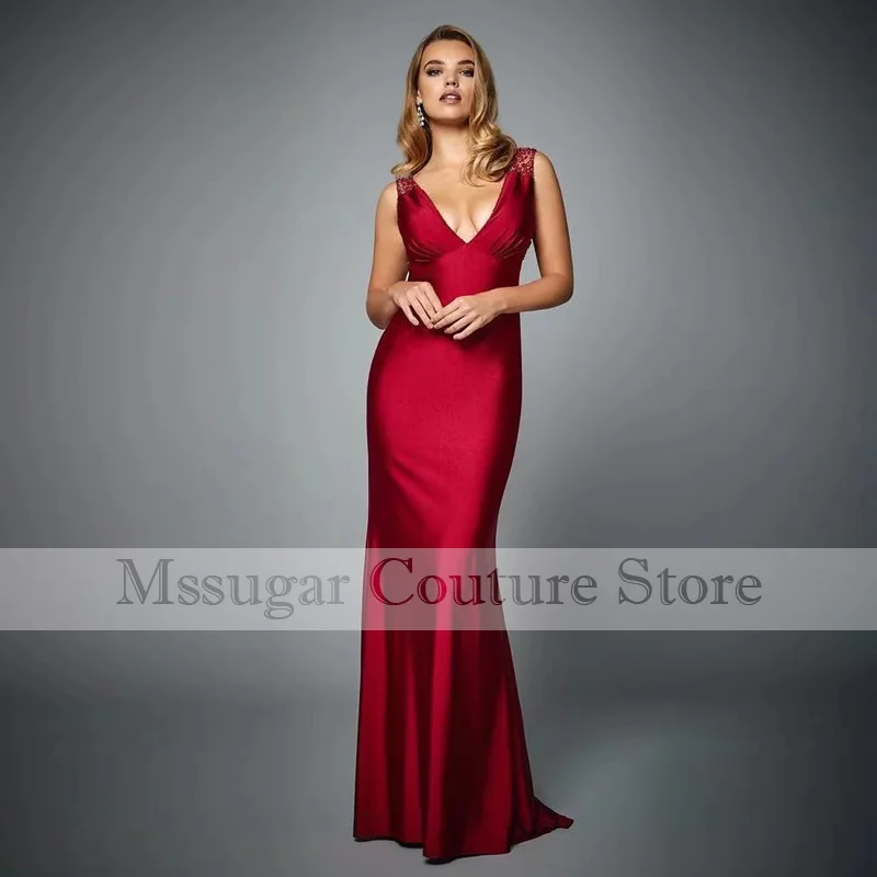 Royal Red Mermaid Informal Party Gowns V-Neck Beading Backless Evening Dresses Vestido De Festa