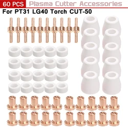 60 Pcs Air Plasma Cutting Cutter Consumables Extended Shield Cap Electric Electrode Nozzles Gas Ring For PT31 LG40 Torch CUT-50