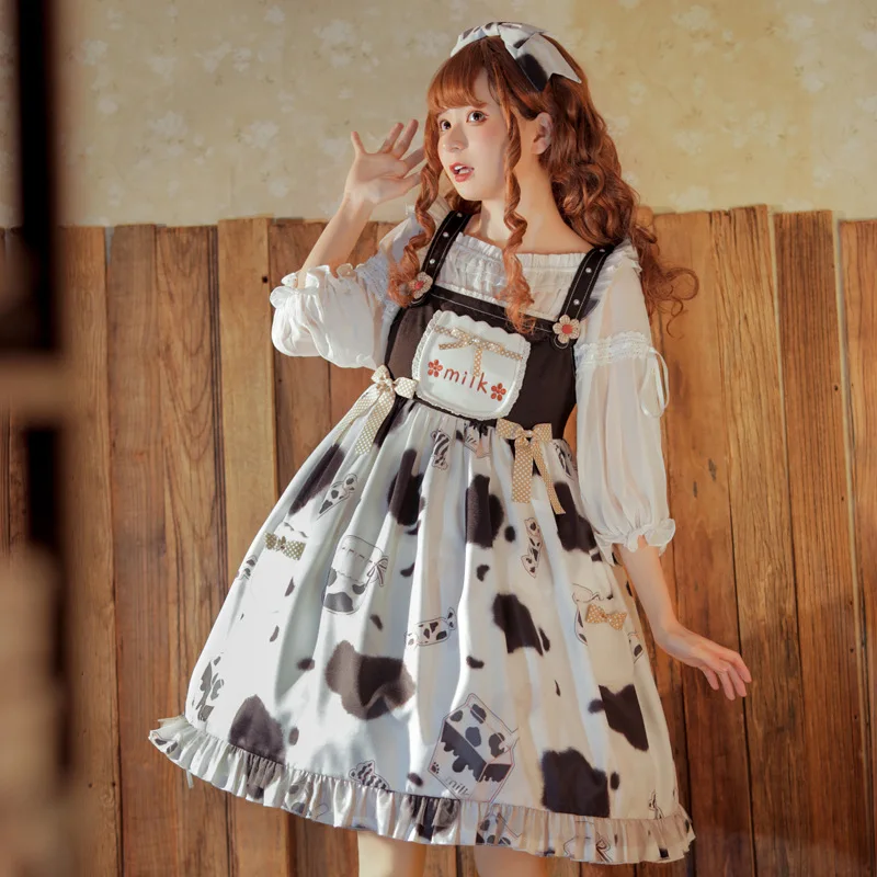 New Sweet Milk Sugar Lolita Cosplay Daily Skirt High Waist Lovely Sweet Department Kawaii Girl Lolita Jsk Women Braces Dress