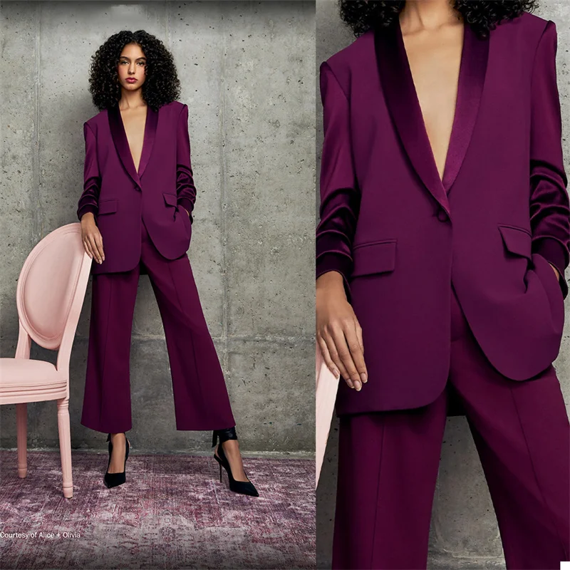 

Oversize Grape Women Tuxedos Pantsuits Autumn 2 Buttons Blazer+ Wide Zipper Long Pants Officer Lady Trousers Suits Custom Made