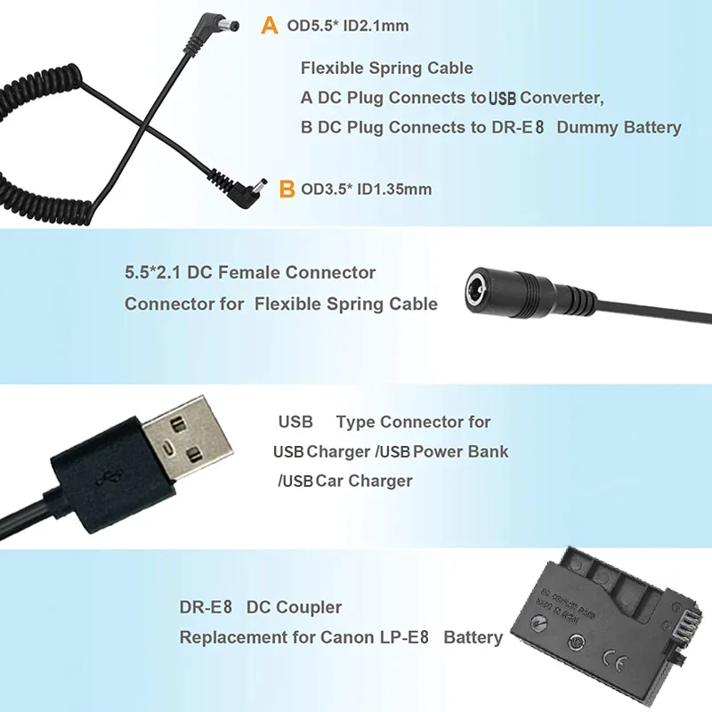 Batería simulada de DR-E8 con Banco de energía de CC, Cable adaptador USB, LP-E8 de repuesto para cámaras Canon EOS 550D 600D 650D 700D DSLR
