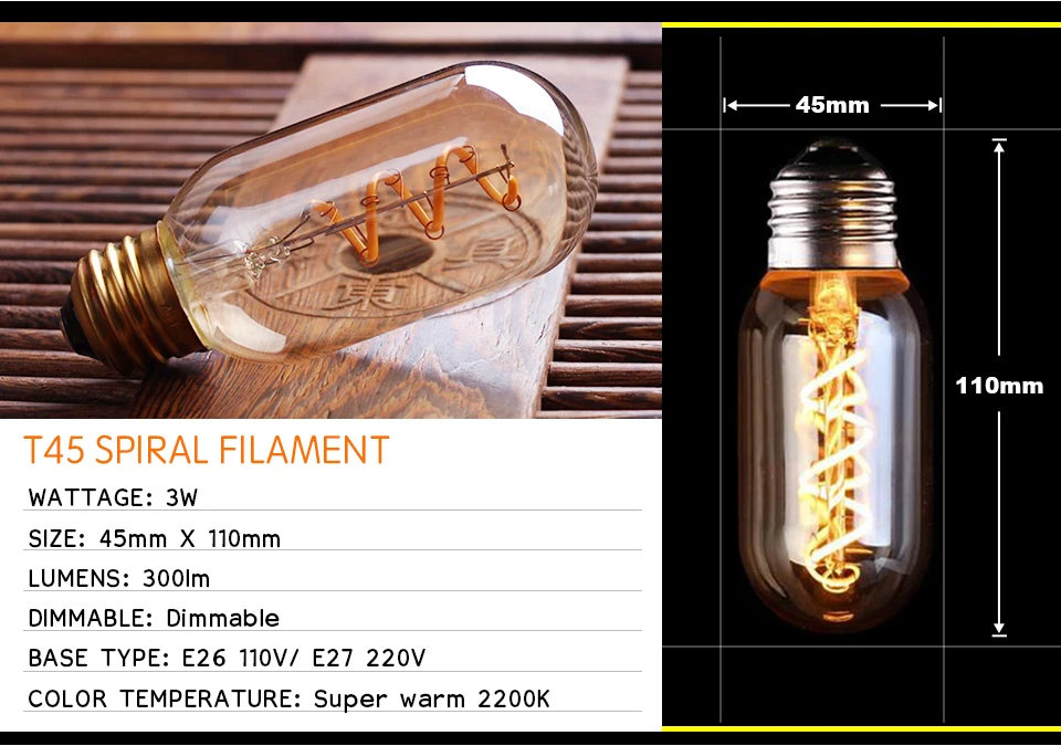 Retro dimmbare LED Edison Glühbirne E27 3W Gold Spiral-Filament ST64 G125 Ampoule LED Lampe Glühbirne Kronleuchter Dekorative Beleuchtung – Detail 12