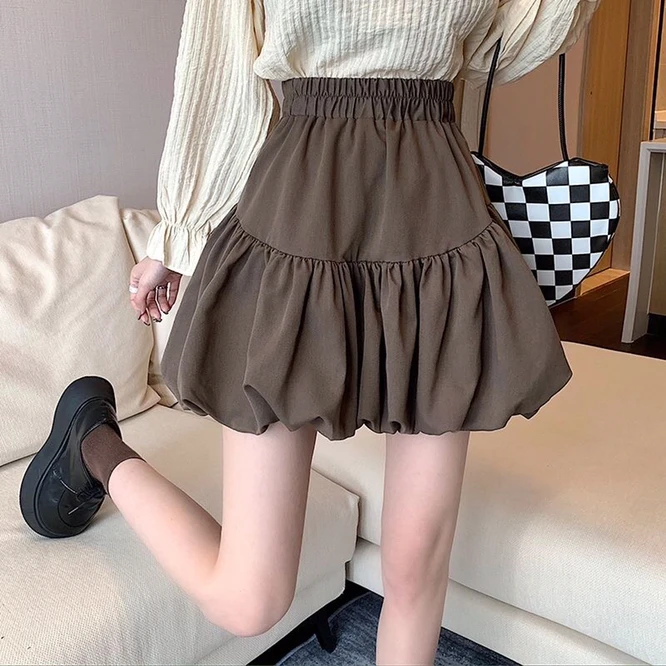 2021 Spring Autumn Design Bubble Bud Cloud Puffy Short Skirt Girl High Waist A-shaped Short Skirt Female Coffee