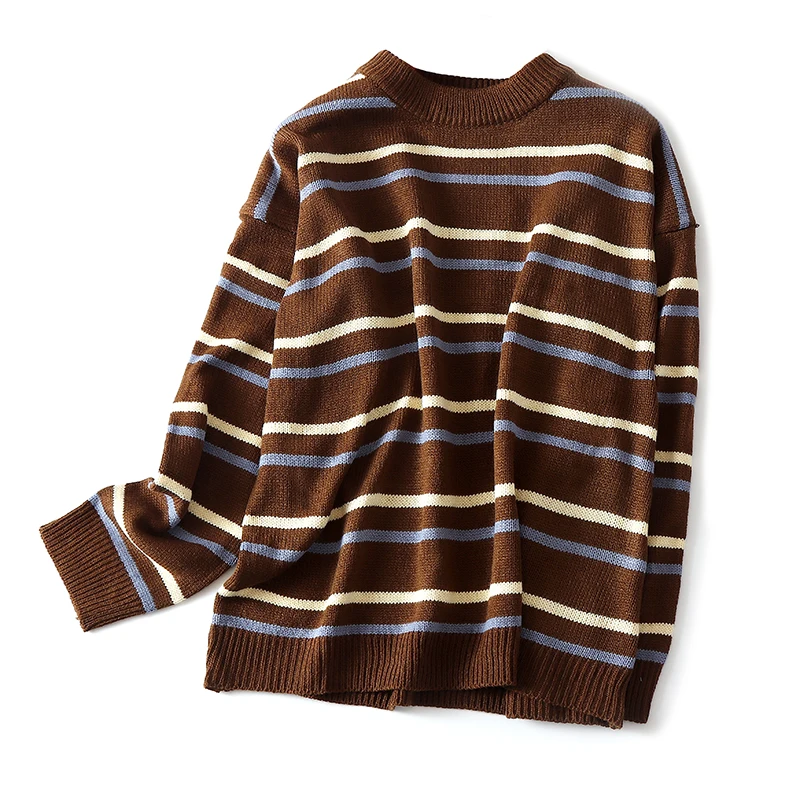 Striped Vintage Loose Round Neck Acrylic Knitted Sweaters Women Korean Fashion Long Sleeve Pullover Sweater Woman Winter 2022