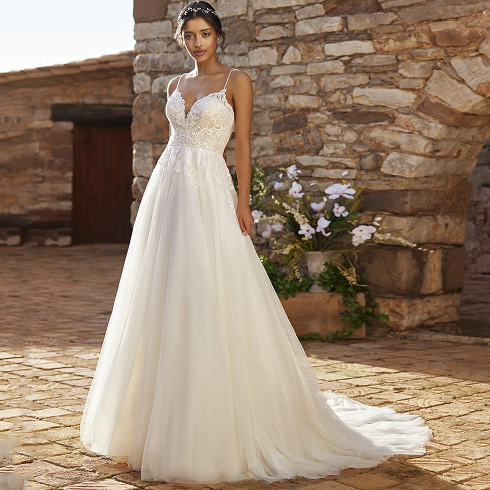 

Classic A-Line Tulle Civil Wedding Dresses Sexy Spaghetti Straps Court Train Lace Appliques Backless Bridal Gowns High Quality