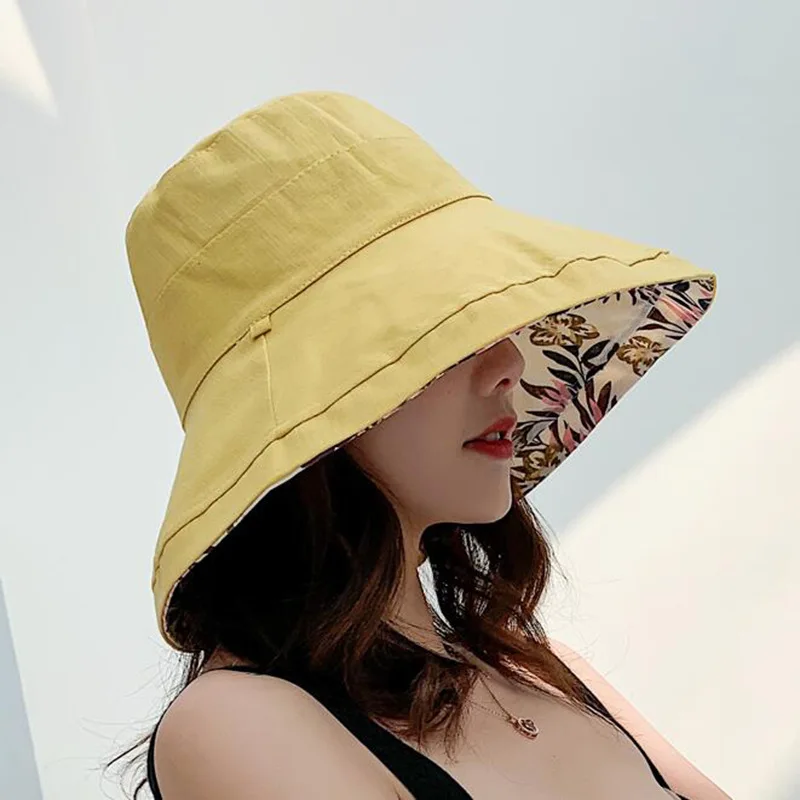 Women's Linen Cotton UPF 50+ Sun Hat Reversible Bucket Hat with Wide Fold-Up Brim and Chin Strap