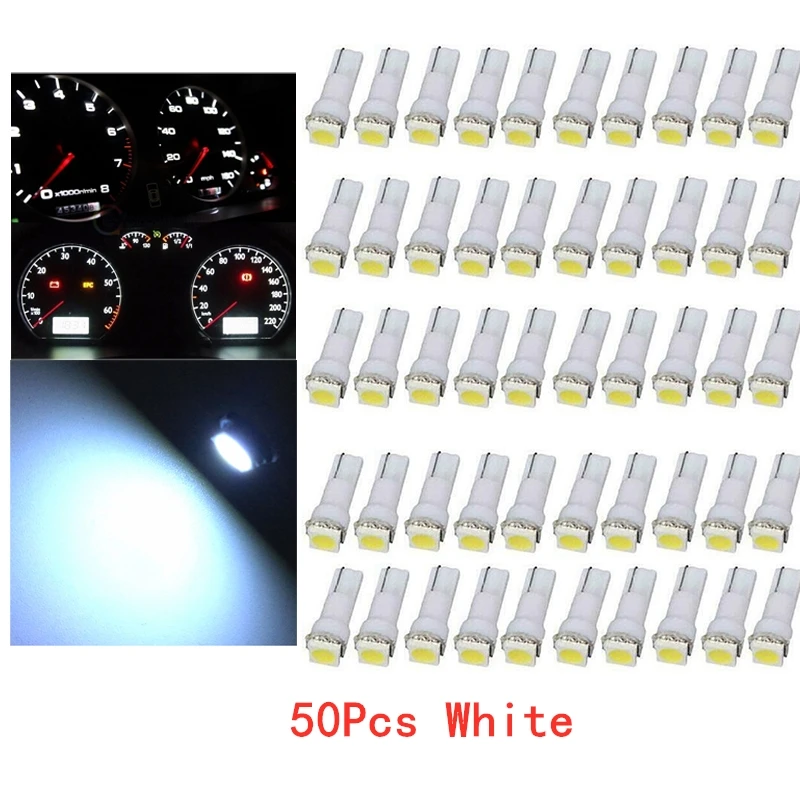 50Pcs T5 5050 1SMD 12V White Blubs Wedge Dashboard LED Lights Bulbs Car Lnstrument Indicator AC Lamp Auto Interior Accessories