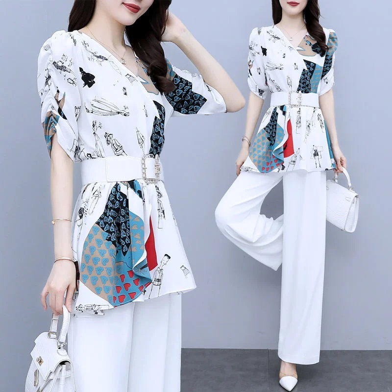 Women\'s Suit 2022 Summer New Elegant Short Sleeve Fashion Loose Crop Top High Waist Wide Leg Pants 2 Piece Set Plus Size Clothes