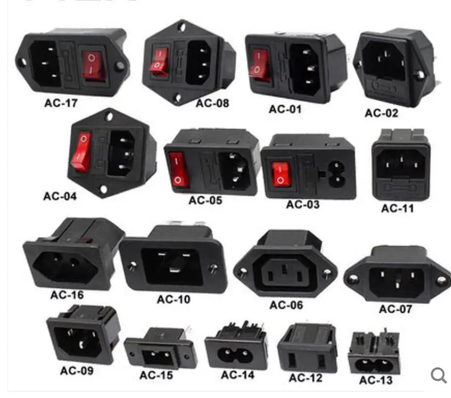 IEC320 C14 Electrical AC Power Socket 3 pin red LED 250V Rocker Switch 10A fuse female male inlet connector 2pin socket