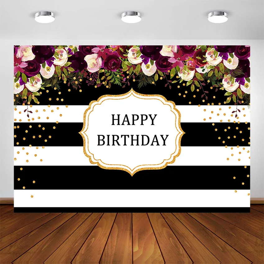 Fondo de rayas de flores para mujer, telón de fondo de 40 °, 50 °, 60 ° cumpleaños, fotografía de fiesta de cumpleaños