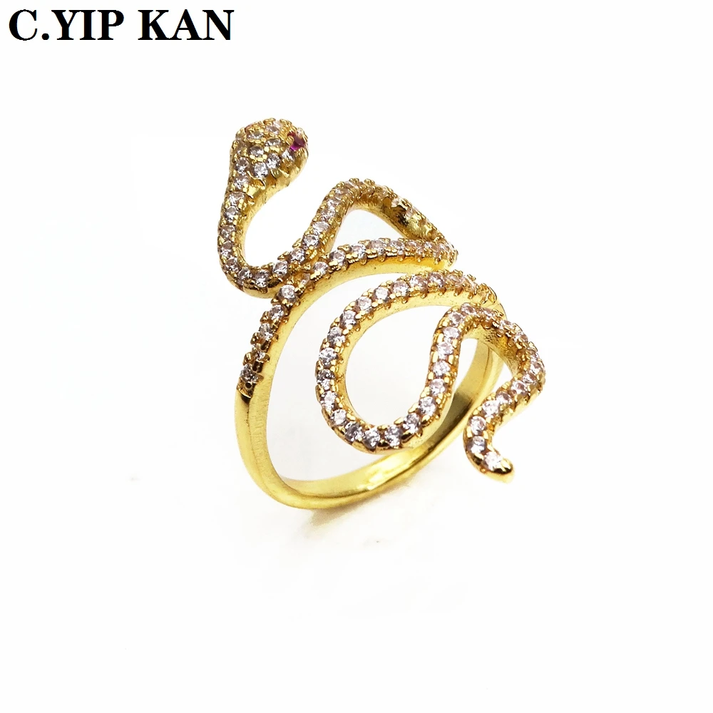 Hot selling adjustable size open crystal women's ring with miniature zircon snake big ring fashion girls party jewelry gift