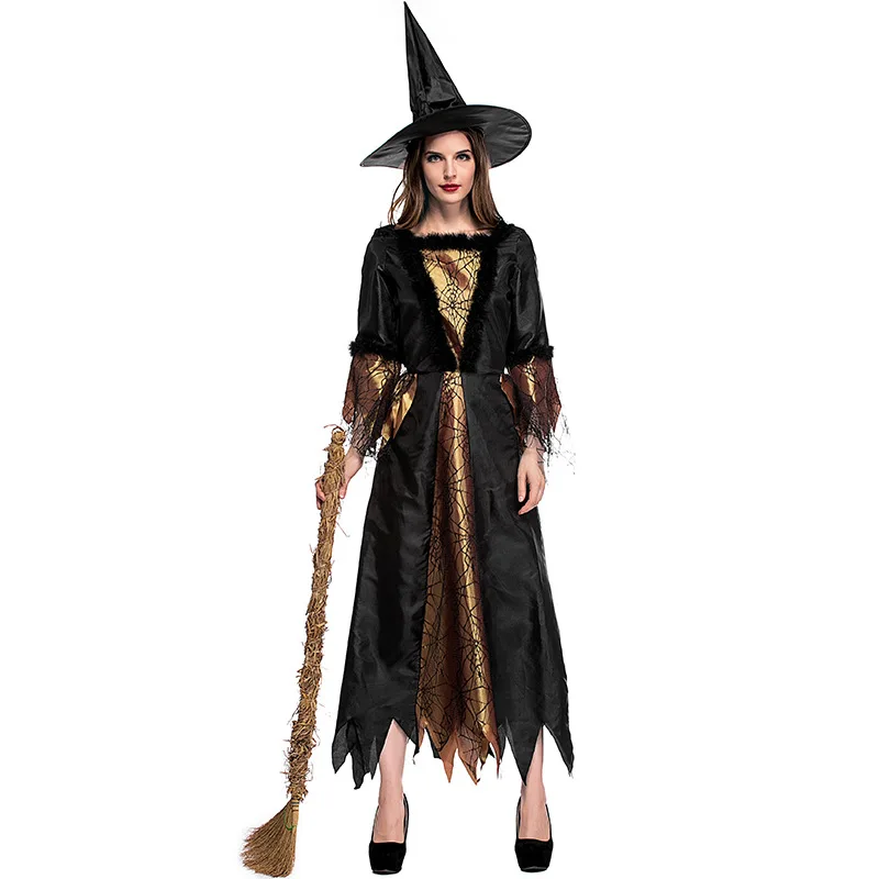 

Black Gold Spider Witch Costume Women Sorceress Cosplay Adult Fancy Dress disfrace Halloween Party Costumes