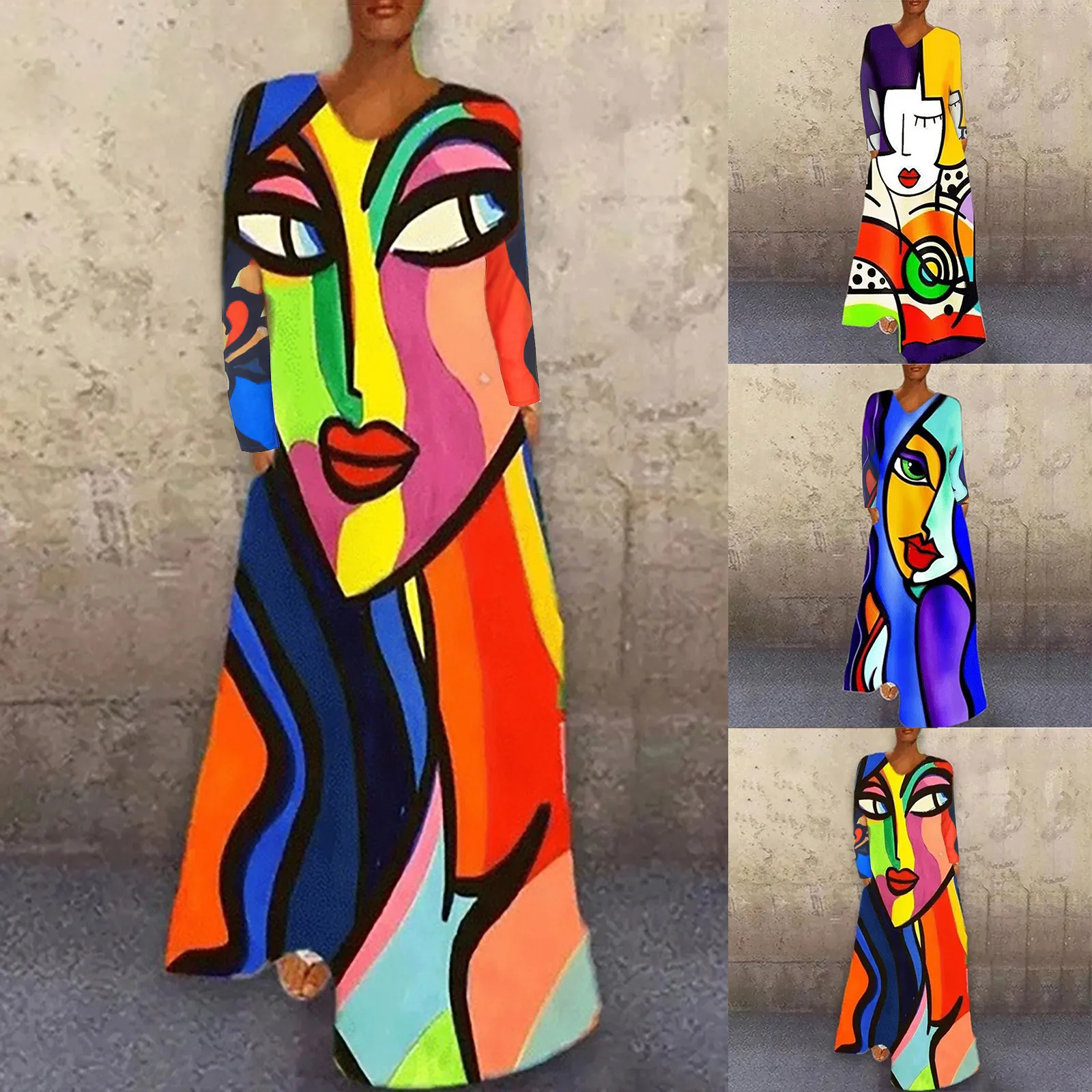 #R40 Graphic Print Long Dress Women Casual Loose Maxi Party Dresses For Women Long Sleeve O Neck Harajuku Ladies Dress Vestido