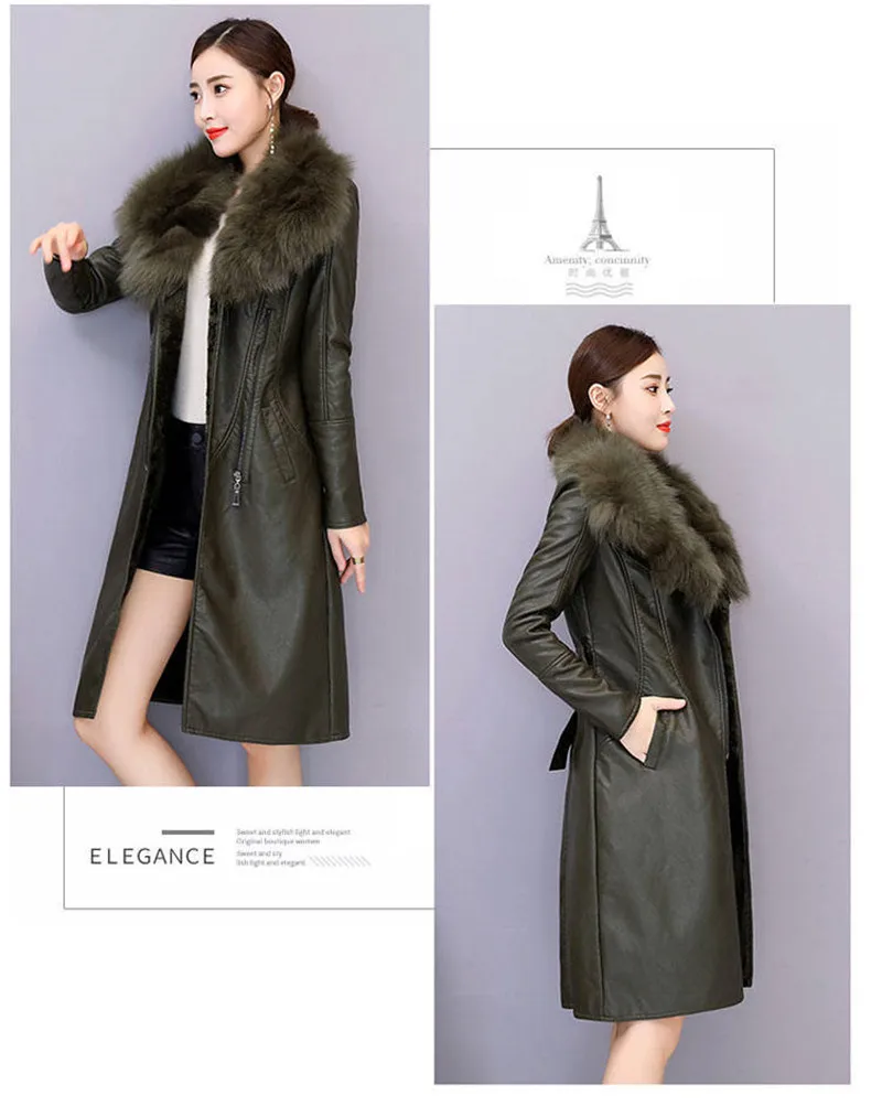 Big Fur Collar PU leather Jacket Autumn Winter Velvet Thicken Soft Faux PU leather Coat Women Korean Long Overcoat 4XL 2356