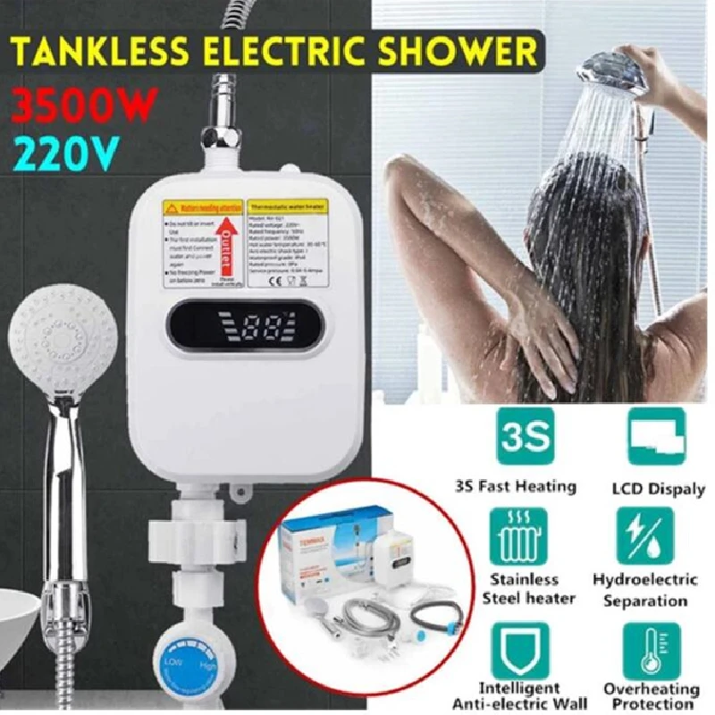 

Home 220V Water Heater Bathroom Kitchen Wall Mounted Instant Electric Hot Water Heater Temperature LCD Display W/ Faucet Shower