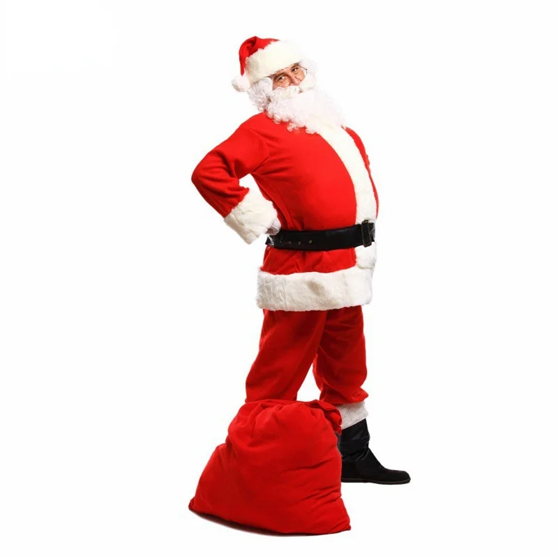 Santa Claus Costume Suit Plush Father Fancy Clothes Xmas Cosplay Props Men Coat Pants Beard Belt Hat Christmas Set