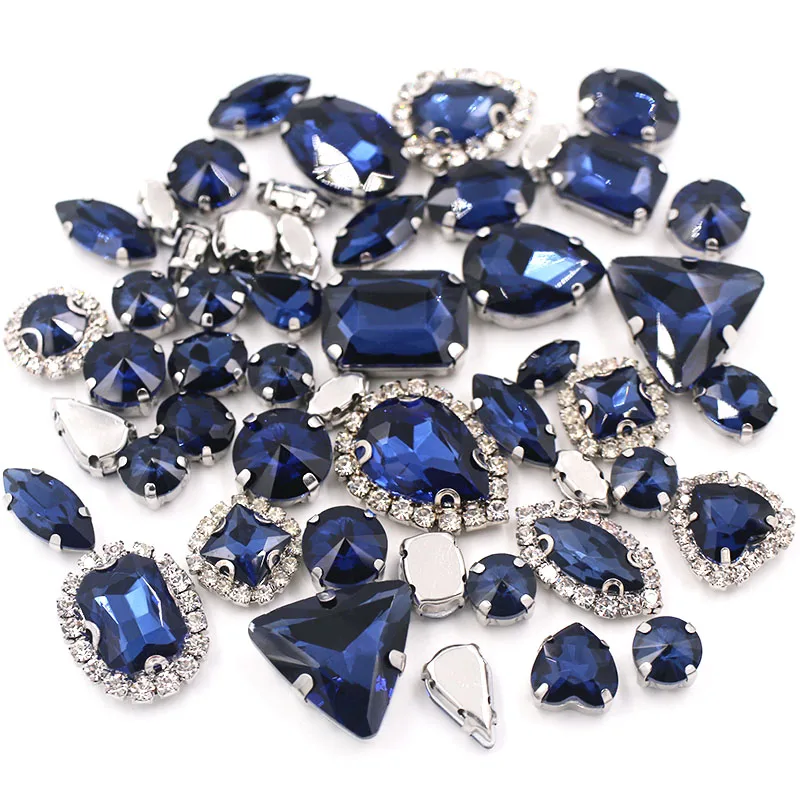 50pcs/Bag Ink-blue Mixed Shape Sew on Glass Rhinestone Silver Claw and Crystal Buckle Diy Wedding Decoration Clothes/Shoe/Dress