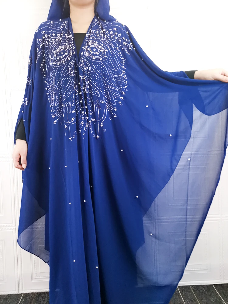 African Fashion Dresses for Women Abaya Turkey New 2022 Dubai Long Robe Islamic Muslim Chiffon Blue Clothing Loose DR-323