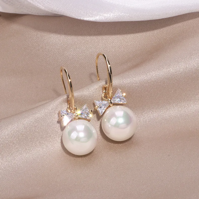 Classic Simulation Pearl Ball Drop Dangle Earrings For Women Cubic Zirconia Bowknot Earrings Bridal Wedding Pearl Jewelry Gifts