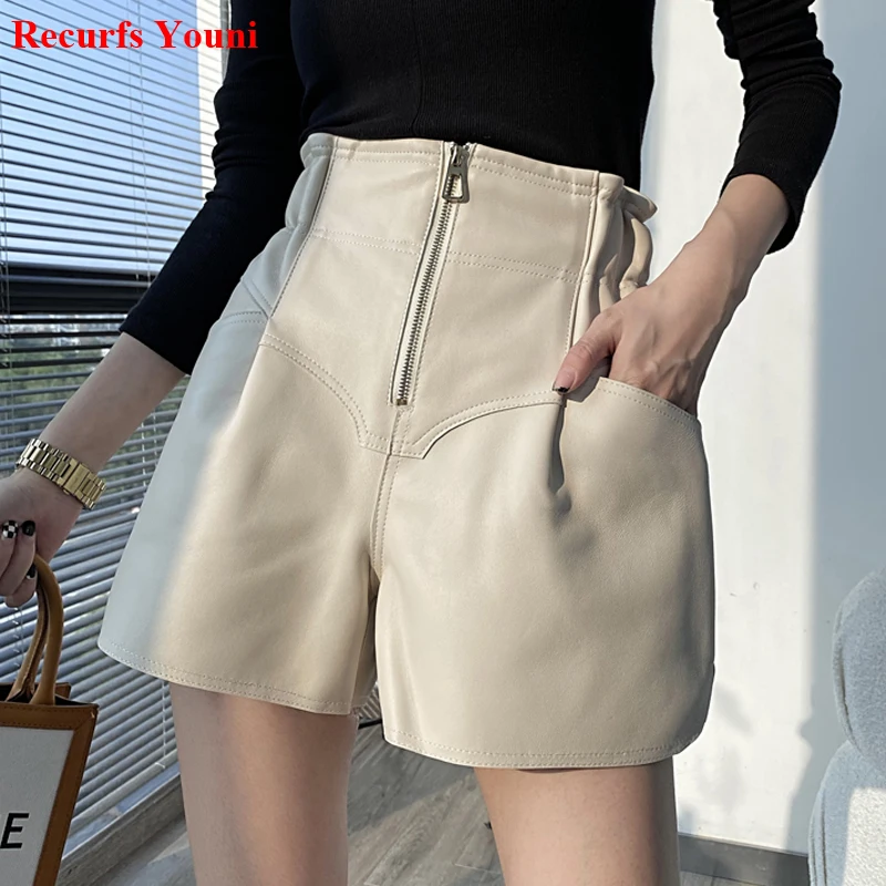 Genuine Leather Shorts For Women 2021 Elegant Flower Bud High Elastic Waist White Pants Female Side Pockets Casual Pantalones