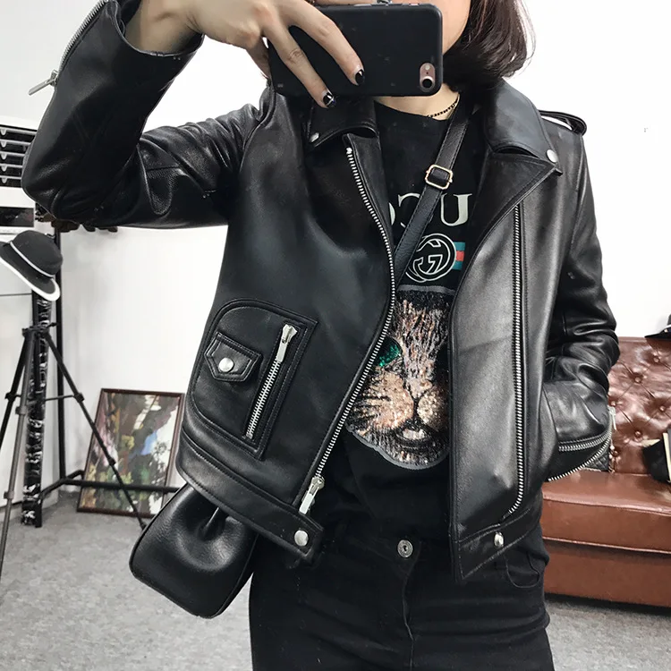 Null fisch Neue Herbst Frauen echt Leder Jacke echtem Motorrad Biker Roten Mantel Turndown Kragen Lose Schwarz Punk Oberbekleidung