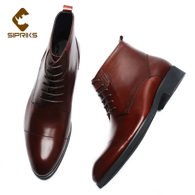 Sipriks High-Top Leather Shoes Mens Red Brown British Boots Lace Up Cap Toe Two Cap Derby Shoes Elegant Black Gentleman Footwear