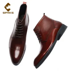 Sipriks High-Top Leather Shoes Mens Red Brown British Boots Lace Up Cap Toe Two Cap Derby Shoes Elegant Black Gentleman Footwear