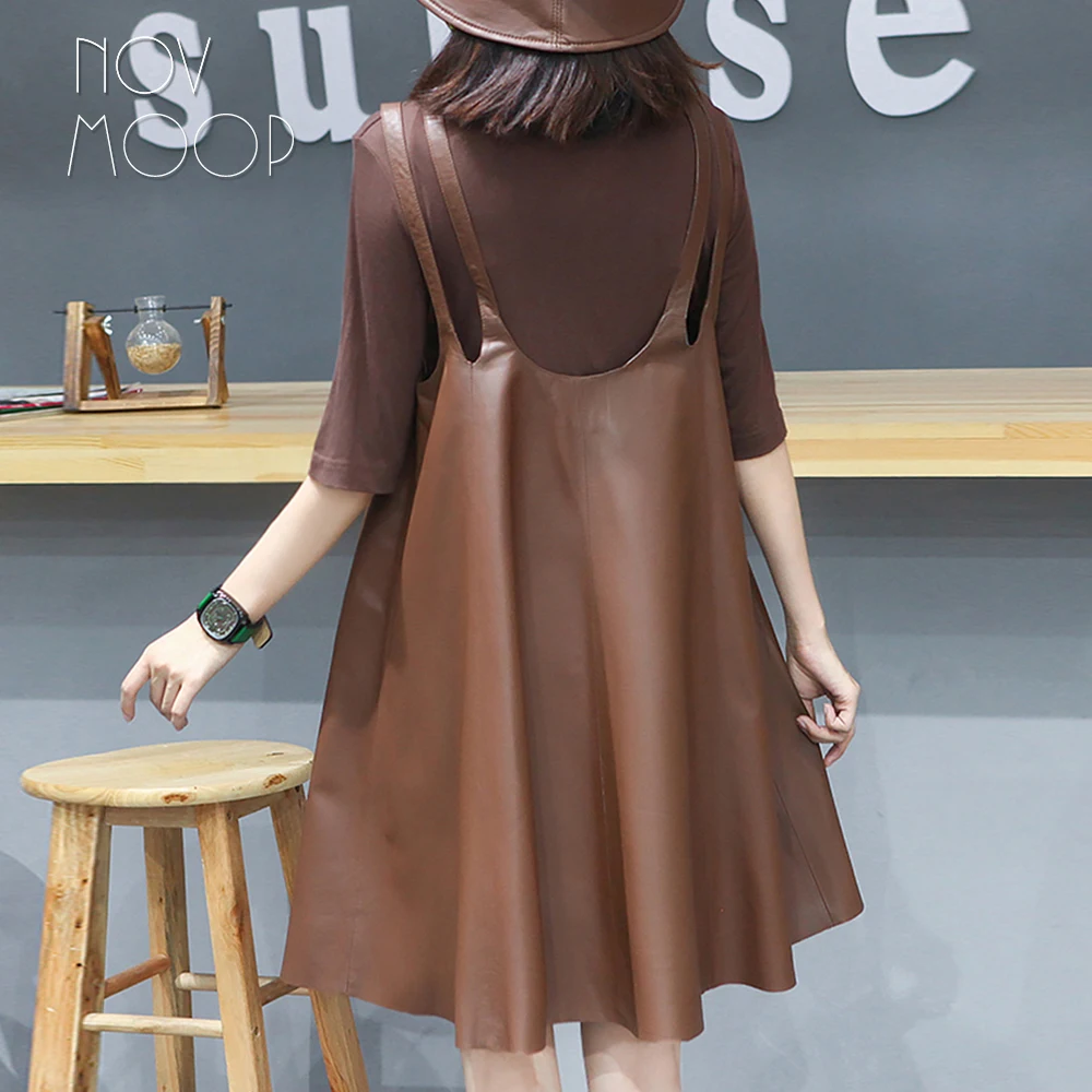 Novmoop designer double strip genuine leather women flare dress sweet A line style Robe en cuir LT3458