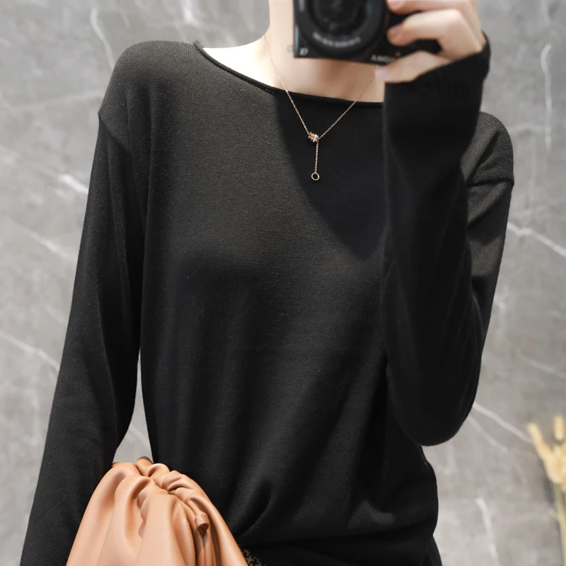 women\'s loose long-sleeved large size wool sweater pullover solid color wild o-neck sweater spring fall knitted bottoming shirt