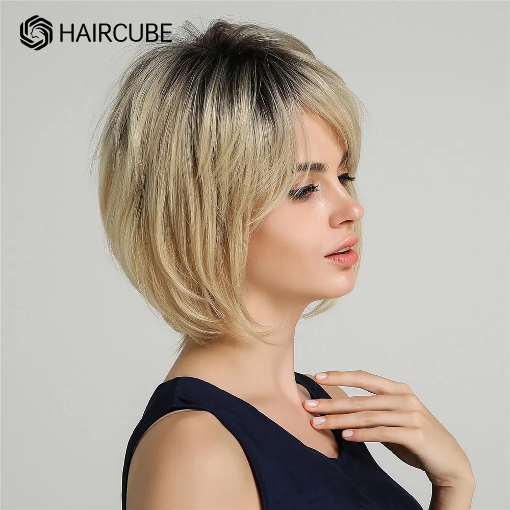 Haircube-peruca loira curta ombre com Franja para mulheres brancas, perucas naturais do Bob diário, fibra sintética mista, resistente ao calor