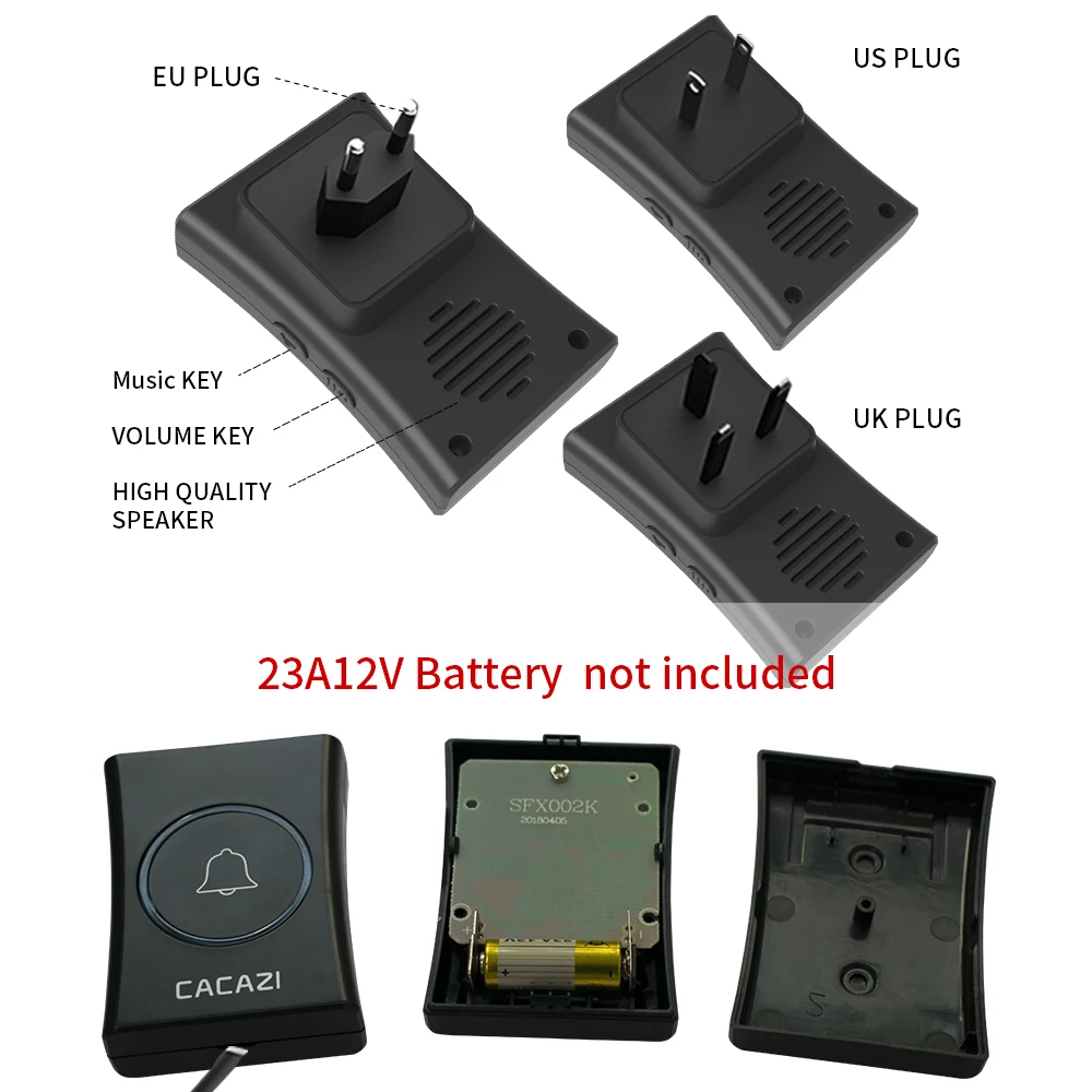 CACAZI Waterproof Wireless Doorbell 3 4 Battery Button 1 2 3 Receiver 300M Remote Control Home Call Bell Chime US EU UK Plug