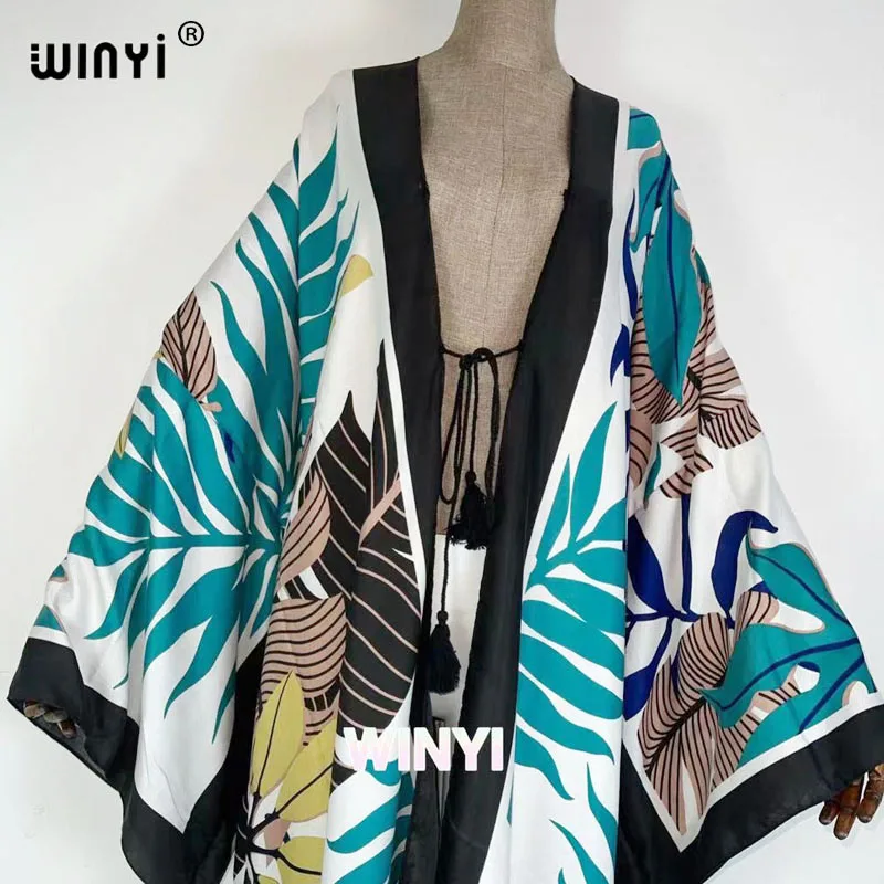 WINYI-Vestido de quimono estampa boho feminino, vestido longo, cinto automático, frente aberta, biquíni de algodão, doce senhora, túnica de praia,