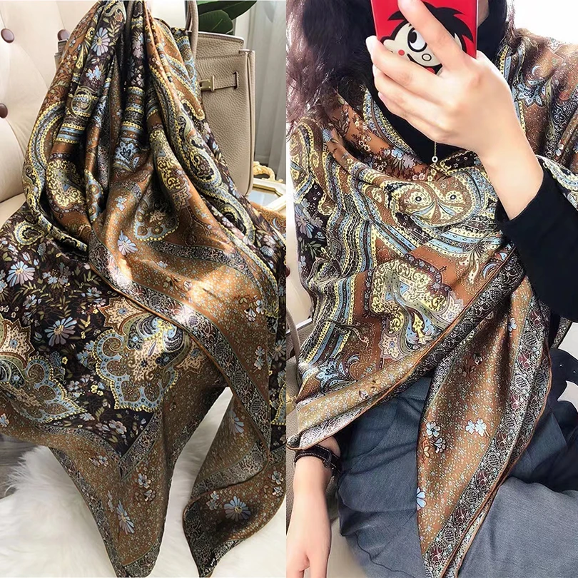 

Coffee Gold 100% Mulberry Silk Women's Scarf Bandana Fashion Plaisley Style Square Scarves Hijabs Winter Brand Headscarf Foulard