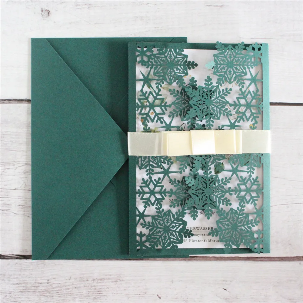 

Snowflake Laser Wedding Invitations Dark Green Bridal Shower Party Invites Thick Envelop Personlaized Text Printing Multi Colors