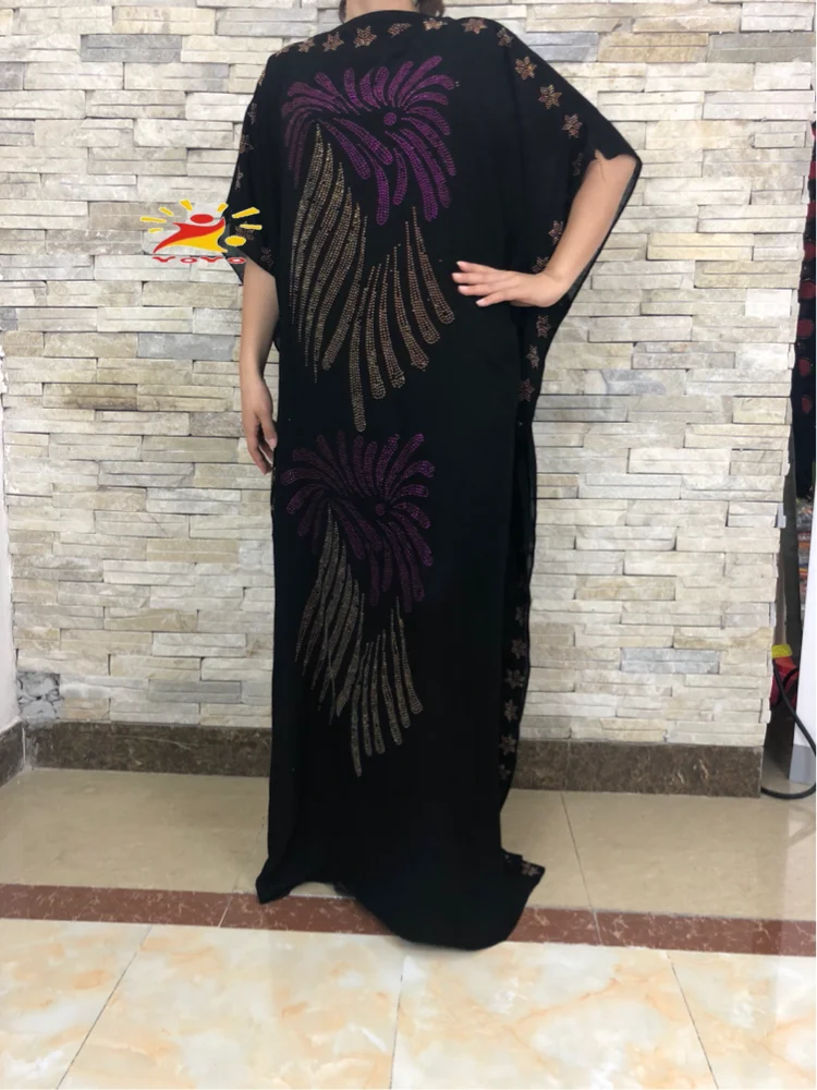 Fashion Africa style Abaya Long Dashiki Diamond  Islamic  Black Dress with scarf Loose Muslim Robe For African Lady HB090